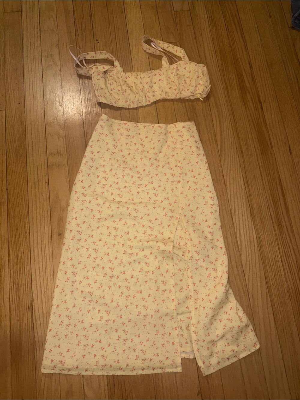 Princess Polly Yellow Floral Midi Skirt Set with Pink Accents